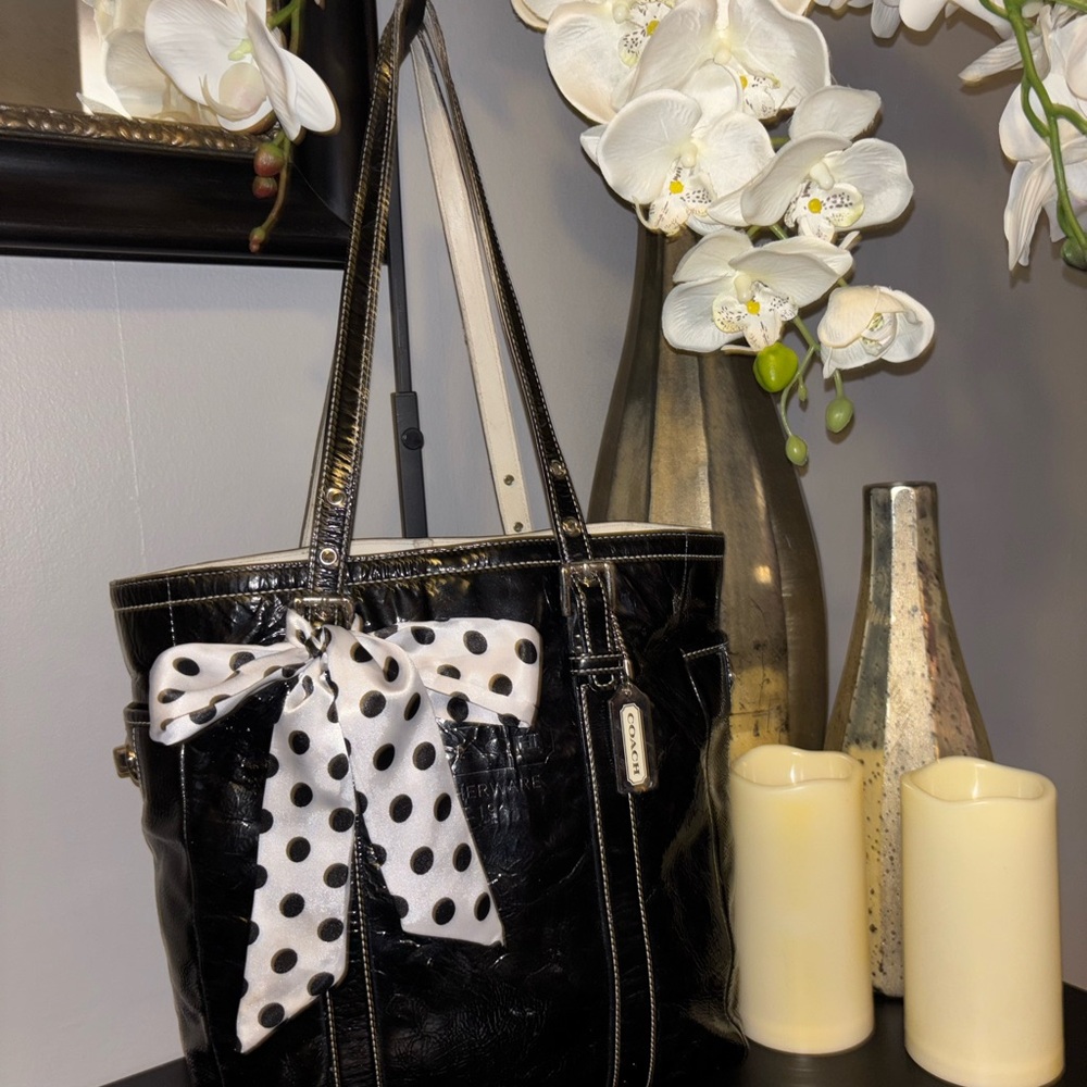 Coach Black Patent Leather Tote with Polka Dot Bow